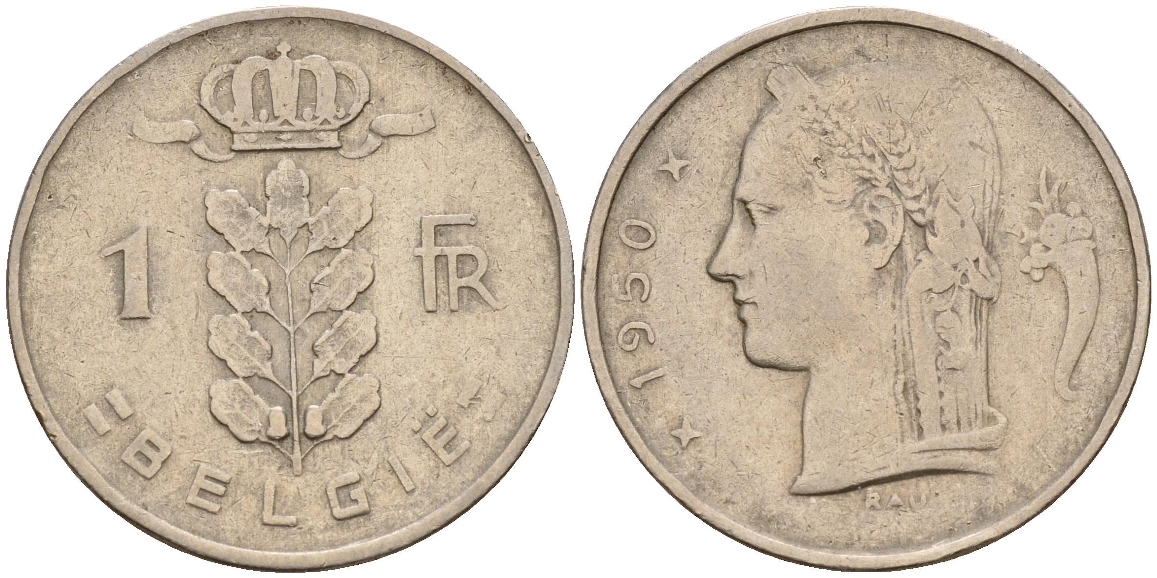 Бельгия 1 франк 1950 Belgie, первый год KM 143.1 медно-никель    4187-117