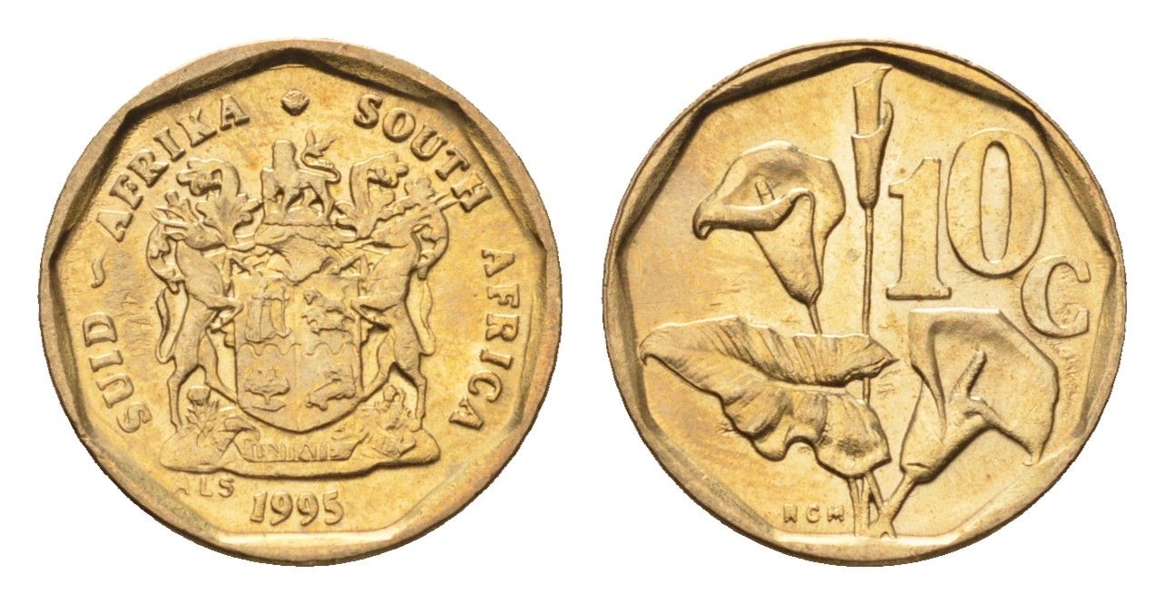 ЮАР 10 центов 1995 герб, цветок алоэ KM 135 сталь плакированная бронзой UNC 4694-717