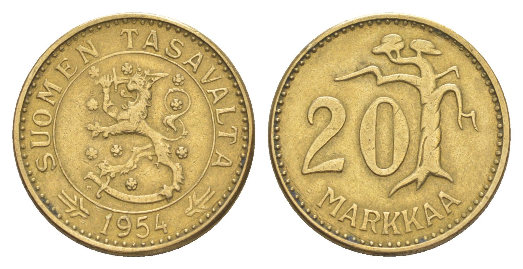 Финляндия 20 марок 1954 KM 39 алюминиевая бронза 4648-643