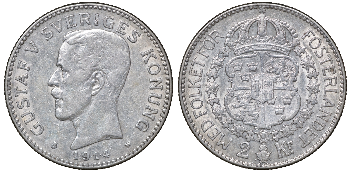 Швеция 2 кроны 1914 W, Густав V (1907-1950) KM 787 серебро 4178-1313
