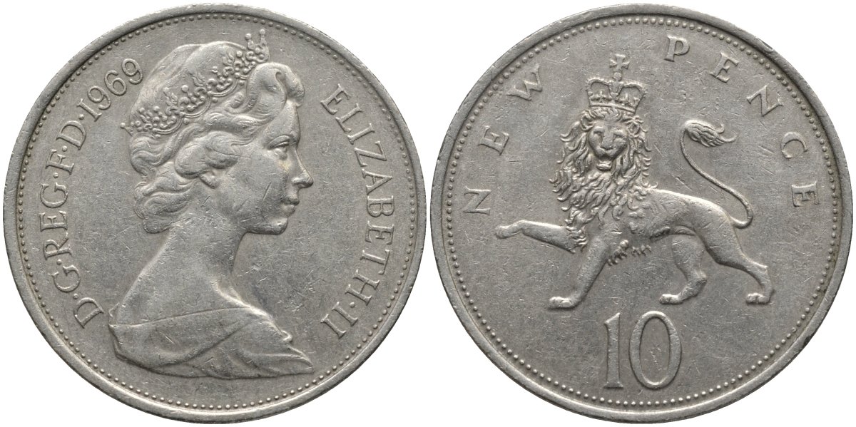 Великобритания 10 пенсов 1969 Елизавета II (1952-2022) KM 912, Spink 4231 (F1) медно-никель 82-1033