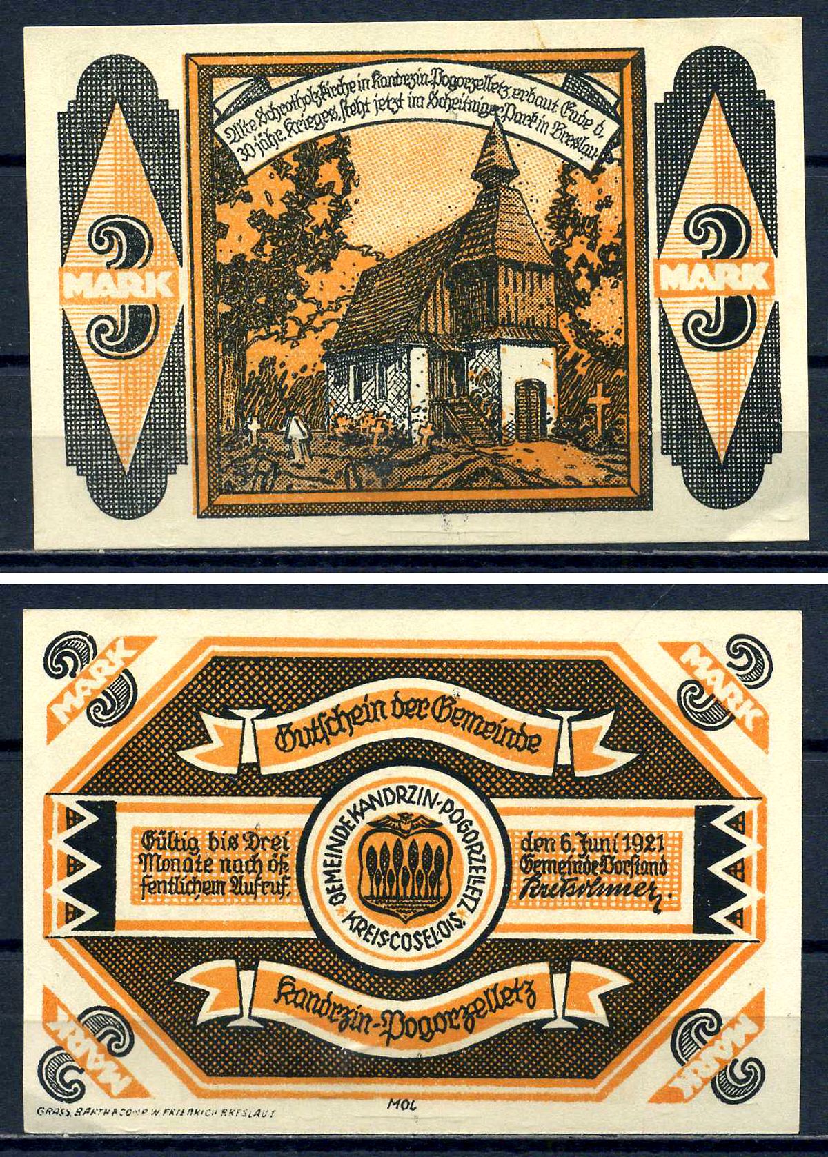 Кандрзин-Погоржеллец Силезия 3 марки 1921 бумага aUNC 7556-20-2-1