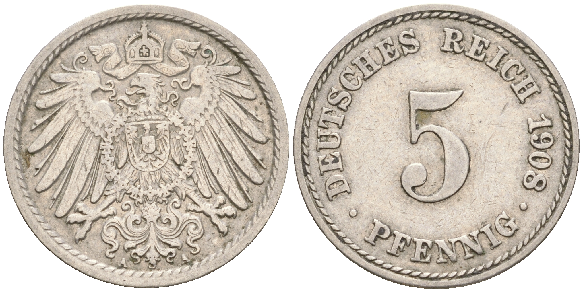 Германия 5 пфеннигов 1908 A KM 11, Jager 12, Weege 6 медно-никель 4608-819