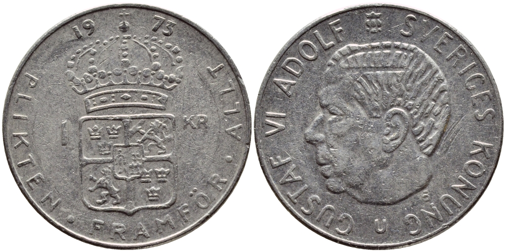 Швеция 1 крона 1973 Густав VI Адольф (1950-1973) KM 826а медь плакированная медно-никелем 4395-155