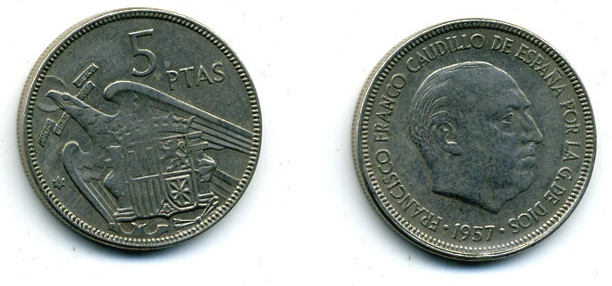 ИСПАНИЯ 5 ПЕСЕТ 1957 (64) ФРАНСИСКО ФРАНКО ДИКТАТОР ИСПАНИИ (1939-1975) KM 786 медно-никель 56-917