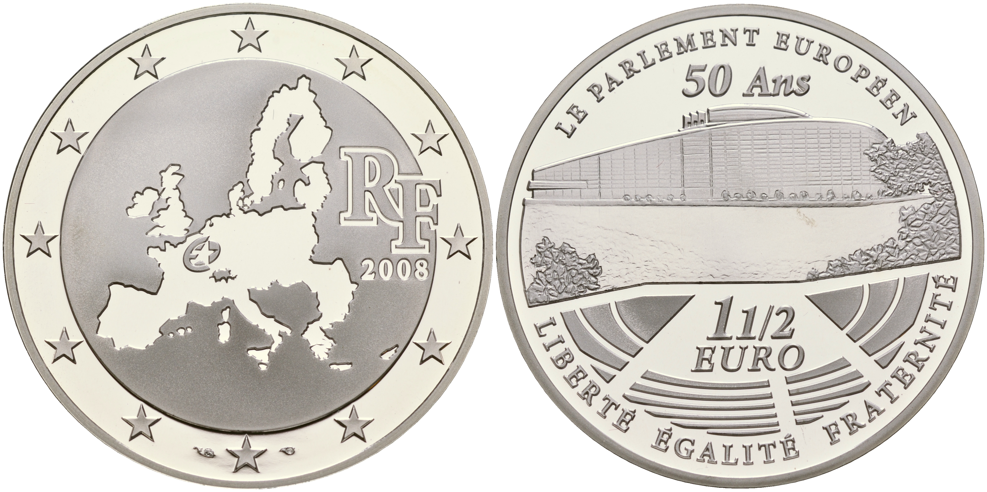 Франция 1 1/2 евро 2008 50 лет Европейскому парламенту KM 1532 серебро PROOF 01-165-15