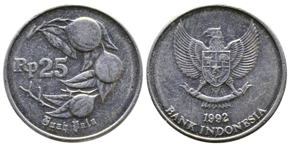 Индонезия 25 рупий 1992 мускатный орех KM 55 алюминий 177-512