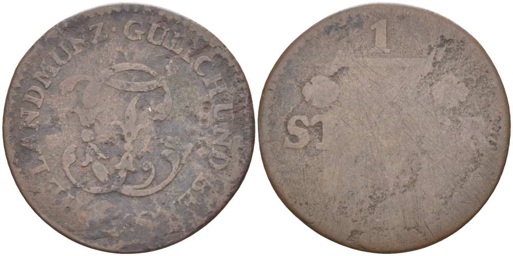 Юлих-Берг 1/2 штюбера 17ХХ Карл Теодор (1742-1799) KM 205 медь 210-1141