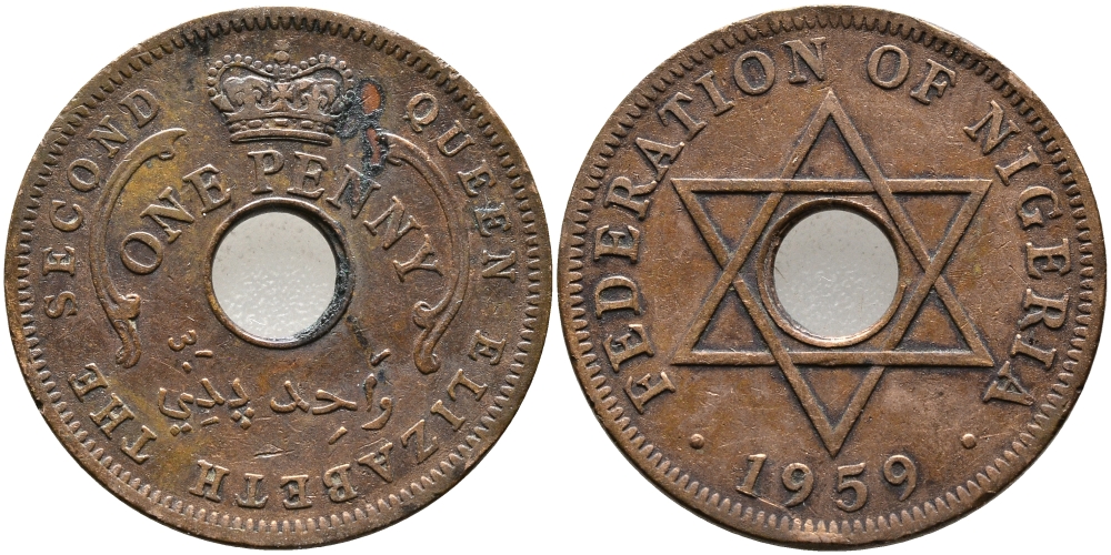 Нигерия 1 пенни 1959 Елизавета II (1952-), Британский протекторат KM 2 бронза 51-1757