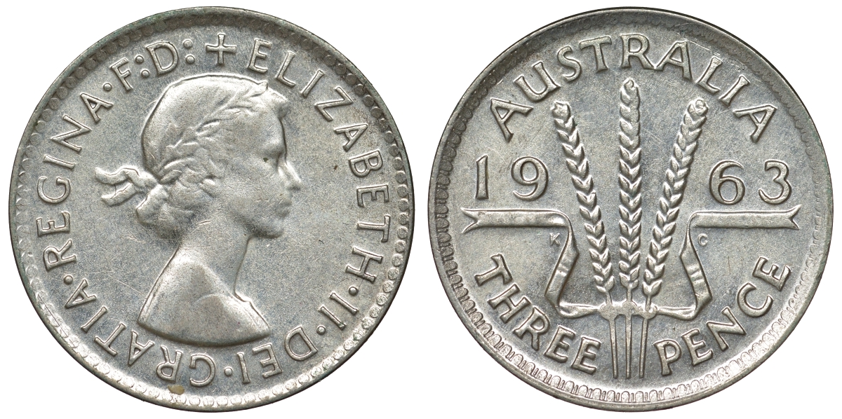 Австралия 3 пенса 1963 m, Елизавета II (1952-2022) KM 57 серебро 71-831