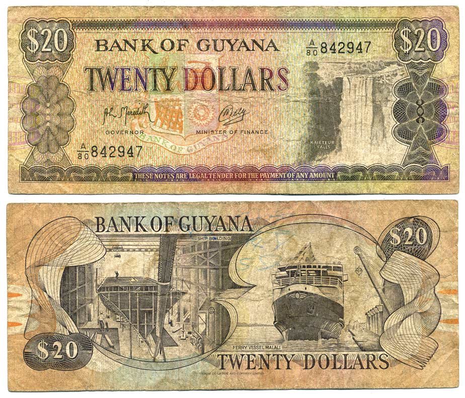 Гайана 20 долларов ND (1989) водопад Кайетур, судостроение, паромное судно "Малали"  Pick 27 (2) бумага 6318-2-2-1