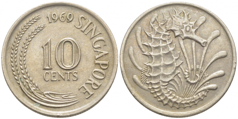 Сингапур 10 центов 1969 морской конек KM 3 медно-никель 105-1257