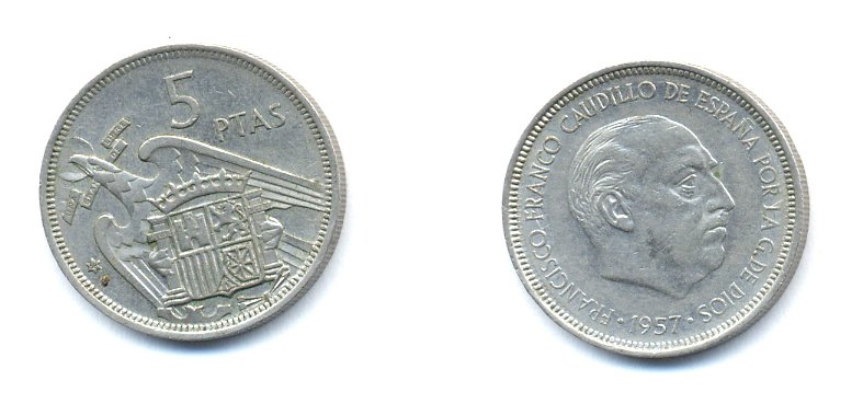 ИСПАНИЯ 5 ПЕСЕТ 1957 (58) ФРАНСИСКО ФРАНКО ДИКТАТОР ИСПАНИИ (1939-1975) KM 786 медно-никель 54-1322