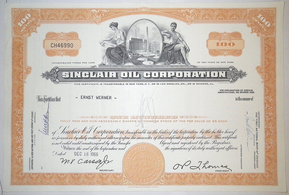 США, SINCLAIR OIL CORPORATION 100 акций 1966 США бумага 00-00