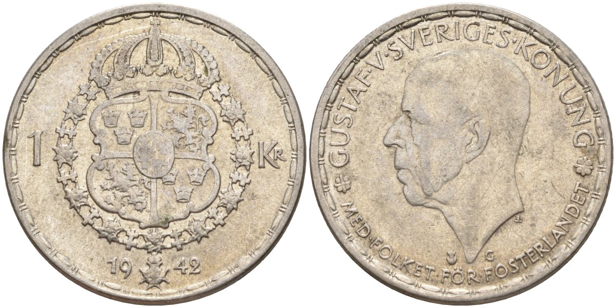 Швеция 1 крона 1942 G, Густав V (1907-1950) KM 814 серебро 4148-955