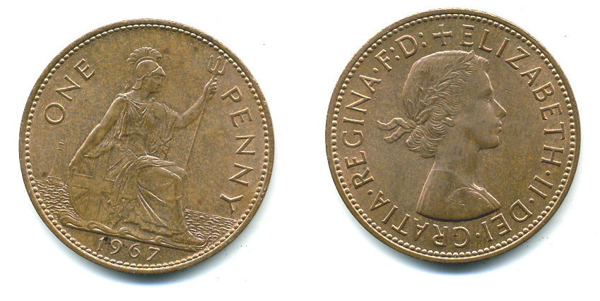 Великобритания 1 пенни 1967 Елизавета II (1952-2022) KM 897, Spink 4157 бронза 25-535