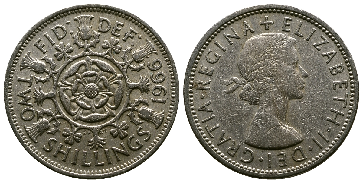 Великобритания 2 шиллинга (флорин) 1966 Елизавета II (1952-2022) KM 906, Spink 4146 медно-никель 4382-716