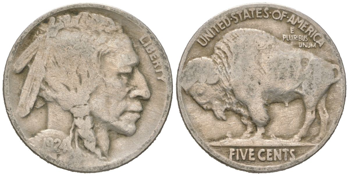 США 5 центов 1924 индеец, бизон KM 134 медно-никель 4614-1054