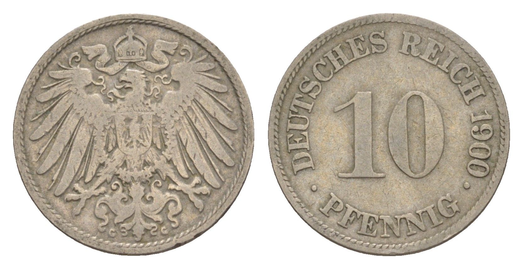 Германия 10 пфеннигов 1900 G, Вильгельм II (1888-1918) KM 12, J. 13 медно-никель 4640-248