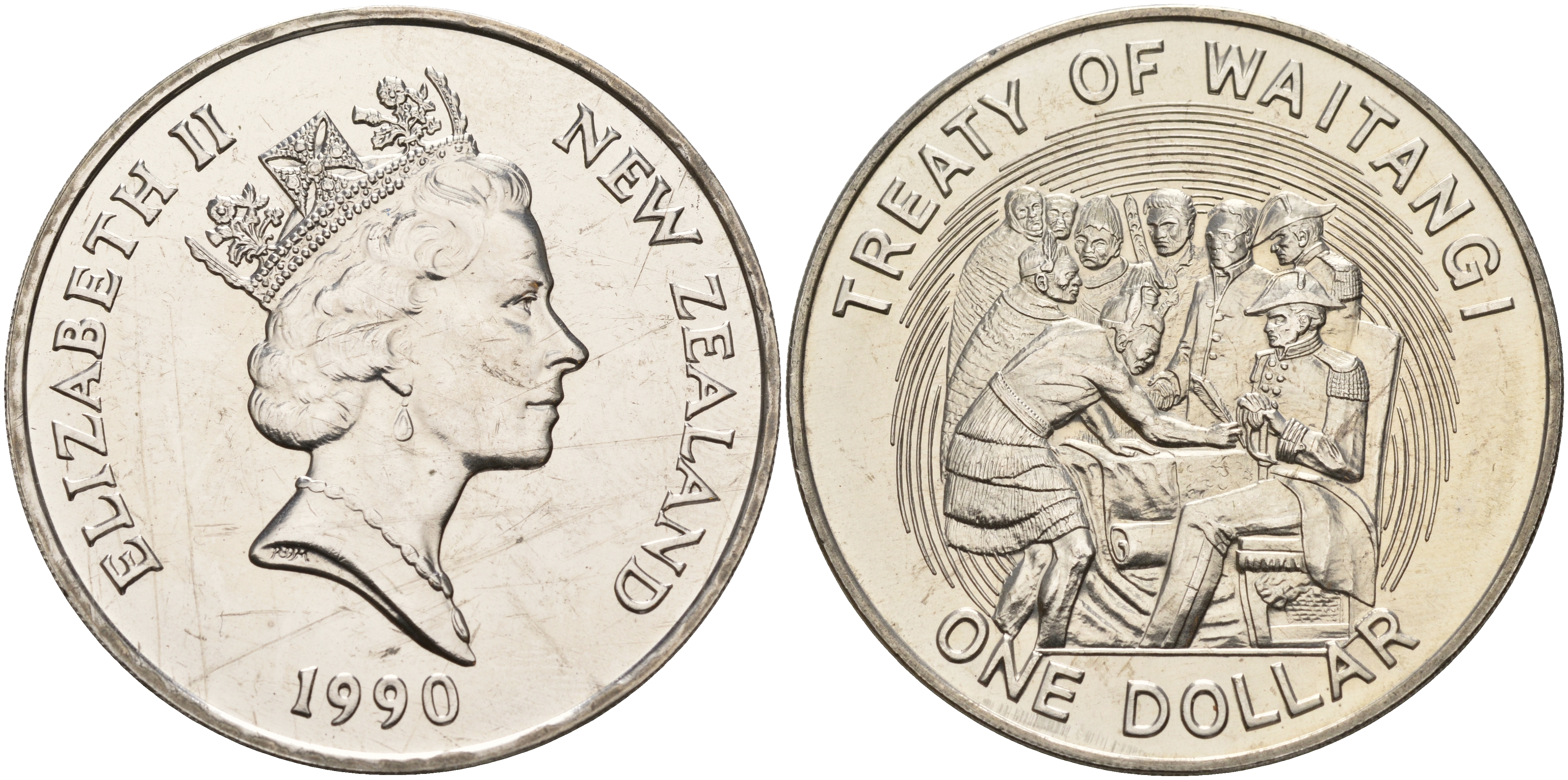 Новая Зеландия 1 доллар 1990 годовщина заключения Вайтангского договора, Елизавета II (1952-2022) KM 76 медно-никель аUNC 4558-211