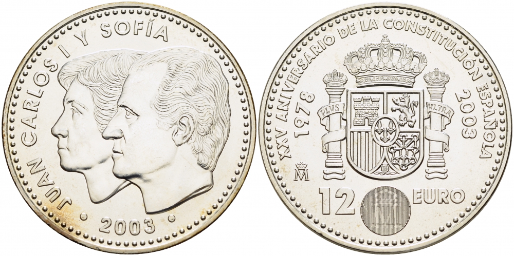 Испания 12 евро 2003 Карлос и София, 25 лет Конституции Испании KM 1051 серебро UNC 1087-4-11