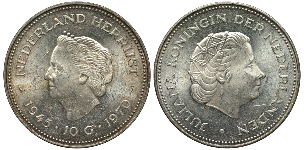 Нидерланды 10 гульденов 1970 25 лет освобождения от фашизма (1945-1970), Юлиана KM 195 серебро aUNC 443-212