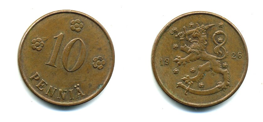 Финляндия 10 пенни 1926 республика (1918-1962) KM 24 медь 46-1544