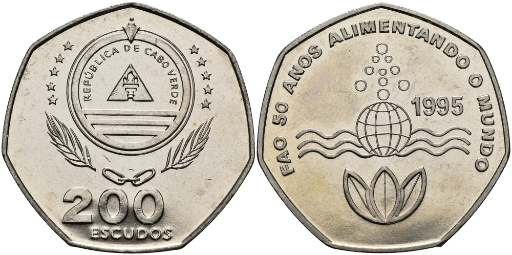 Кабо-Верде 200 эскудо 1995 50 лет FAO KM 34 медно-никель UNC 3333-914