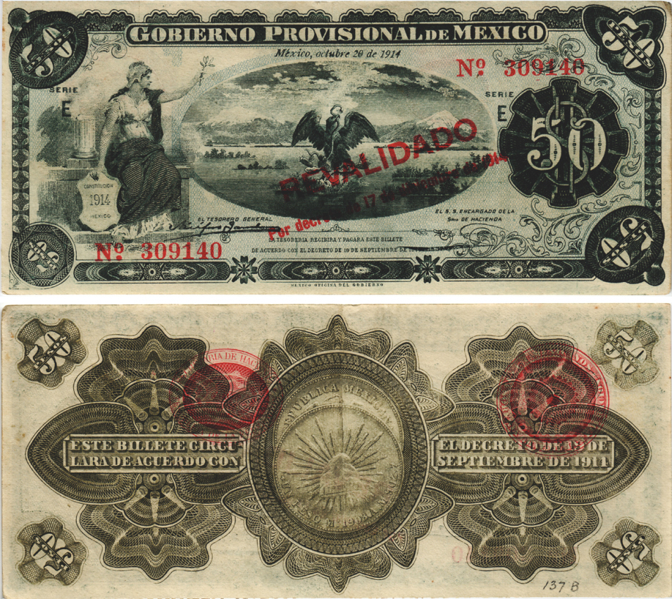 Мексика, Революция 50 песо 1914 Переходное правительство Мексики, город Мехико, надпечатка REVALIDADO Pick S708b бумага 3295-57-2