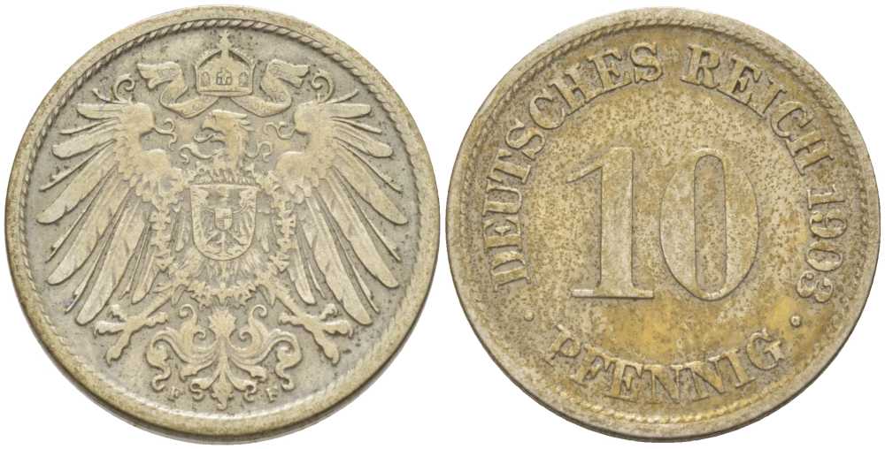 Германия 10 пфеннигов 1903 F KM 12, J. 13, Weege 8 медно-никель 259-837