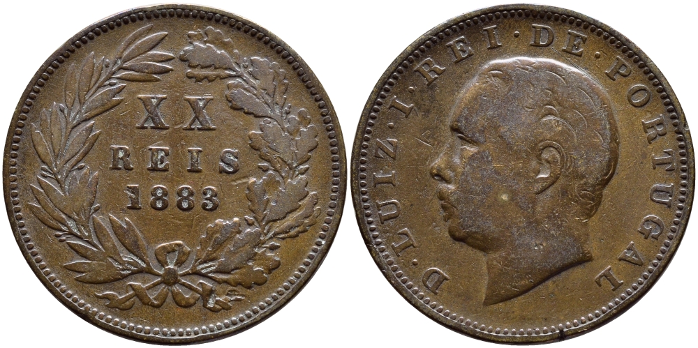 Португалия 20 рейсов 1883 Луиш (Людовик) I (1861-1889) KM 527 бронза 4394-724