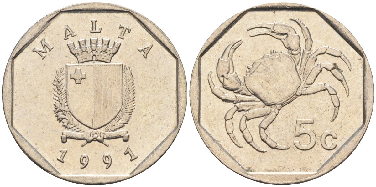 Мальта 5 центов 1991 краб KM 95 медно-никель 4588-113