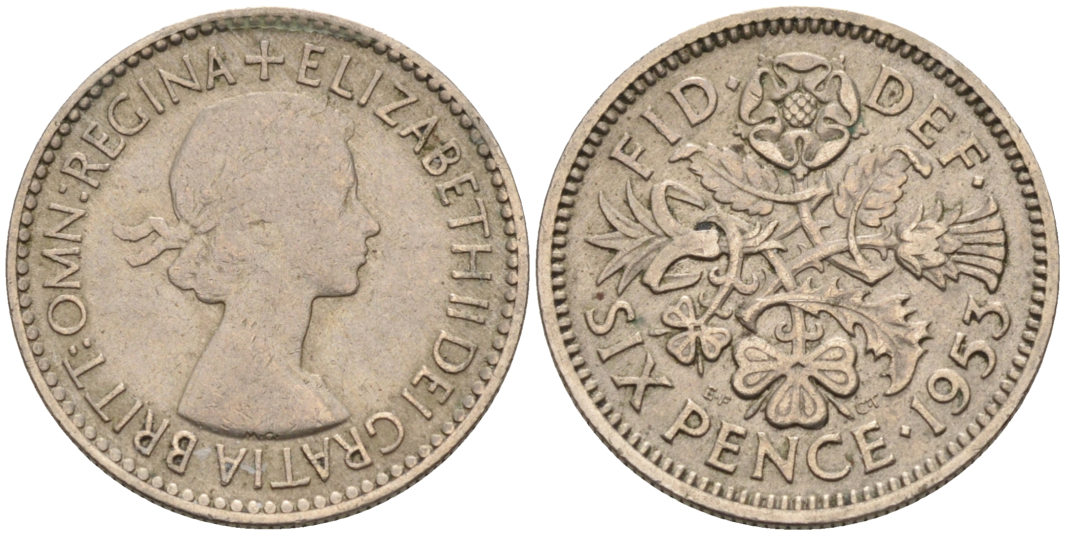 Великобритания 6 пенсов 1953 Елизавета II (1952-2022) KM 889, Spink 4141 медно-никель 4588-621