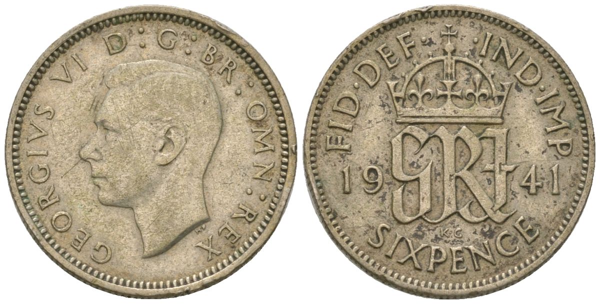 Великобритания 6 пенсов 1941 Георг VI (1936-1952) KM 852, Spink 4084 серебро 4615-1027