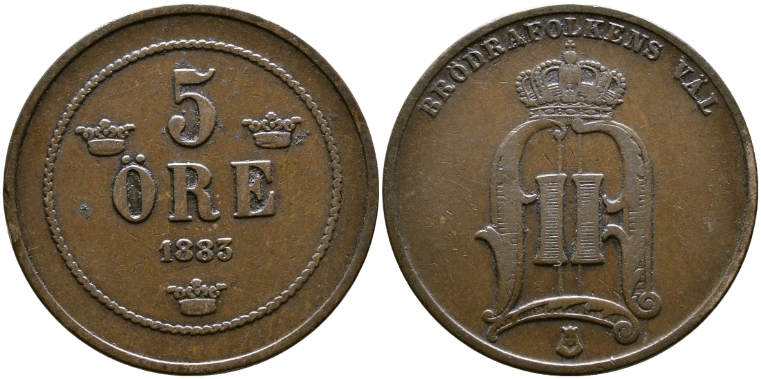 Швеция 5 эре 1883 Оскар II (1872-1907) король Швеции и Норвегии KM 736 бронза 51-2547