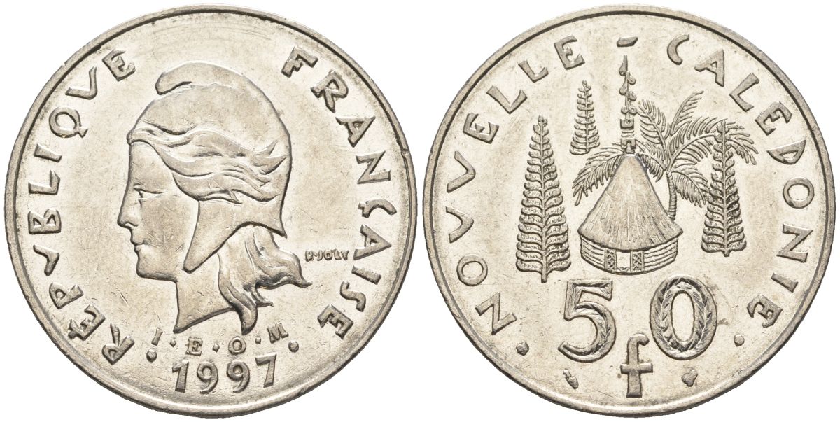 Французская Новая Каледония 50 франков 1997 хижина среди сосен и пальм, (IEOM) KM 13, Schoen 15, Lec 121 никель 4123-743