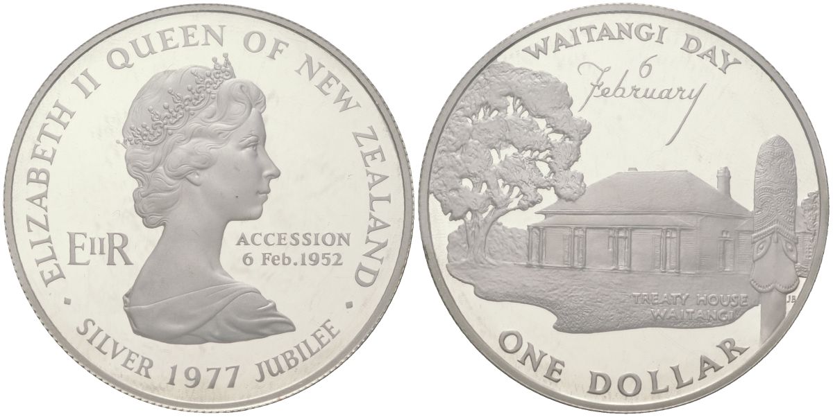 Новая Зеландия 1 доллар 1977 день Вайтанги 6 февраля, дом Джеймса Басби, Елизавета II (1952-2022) KM 46a серебро PROOF 1080-3-61
