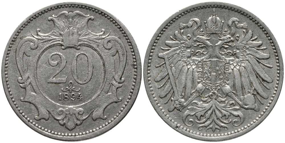 АВСТРИЯ 20 ГЕЛЛЕРОВ 1894 KM 2803 никель 113-556
