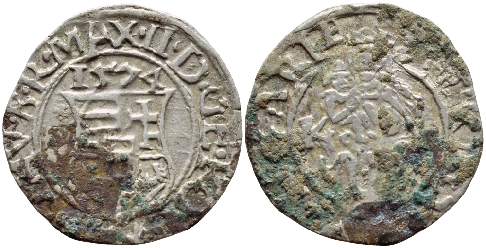 Венгрия 1 денар 1574 КВ, Максимилиан II Габсбург (1564-1576), мадонна с младенцем  серебро    1530-342