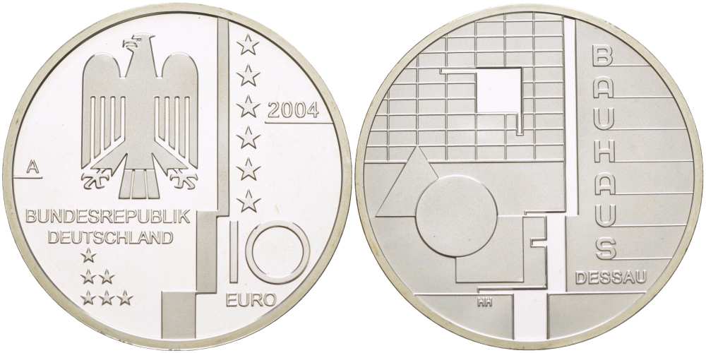 ФРГ 10 евро 2004 A, Баухауз в Дессау, геометрия KM 230, DE.S 10.13 серебро PROOF 1085-5-53