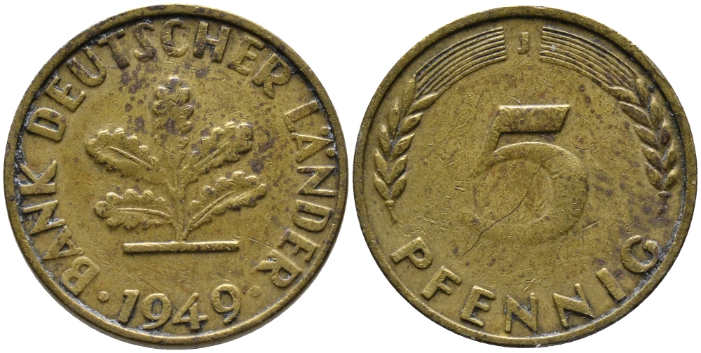 ФРГ 5 ПФЕННИГОВ 1949 J KM 102, J. 377 сталь плакированная латунью 261-1149