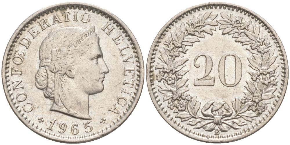 ШВЕЙЦАРИЯ 20 РАППЕНОВ 1965 В KM 29a медно-никель 55-841