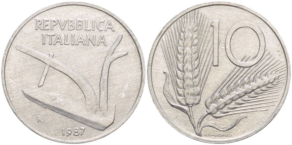 ИТАЛИЯ 10 ЛИР 1987 R, КОЛОСЬЯ, ПЛУГ KM 93 алюминий 4551-237
