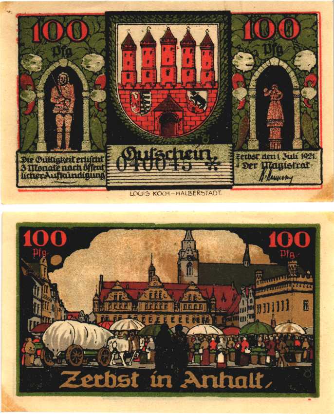 ЦЕРБСТ 100 ПФЕННИГОВ 1921 НОТГЕЛЬД, 1 ИЮЛЯ 1921, ЗЕМЛЯ САКСОНИЯ-АНХАЛЬТ. БУКВА Т, СЕРИЯ ЧЁРНАЯ Grabowski 1469.2а бумага 8589-28-4-2