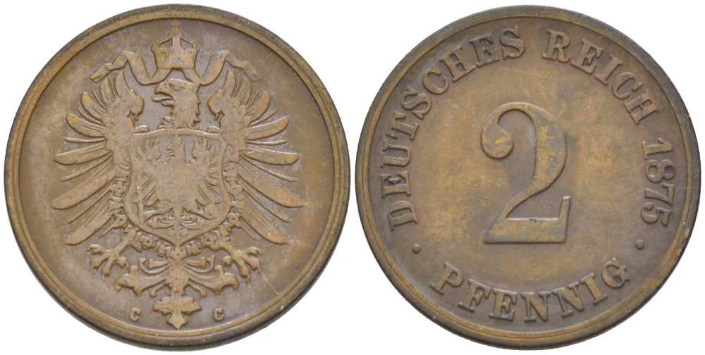 ГЕРМАНИЯ 2 ПФЕННИГА 1875 С, СТАРОГЕРБОВКА KM 2, J. 2, Weege 3 медь 212-517