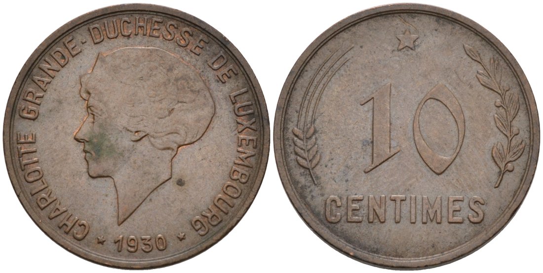 Люксембург 10 сантимов 1930 великая герцогиная Шарлотта (1919-1964) KM 41 бронза 4566-625
