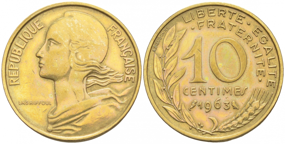 ФРАНЦИЯ 10 САНТИМОВ 1963 ТИП MARIANE KM 929, LE FRANC 144.3 алюминиевая бронза 44-959