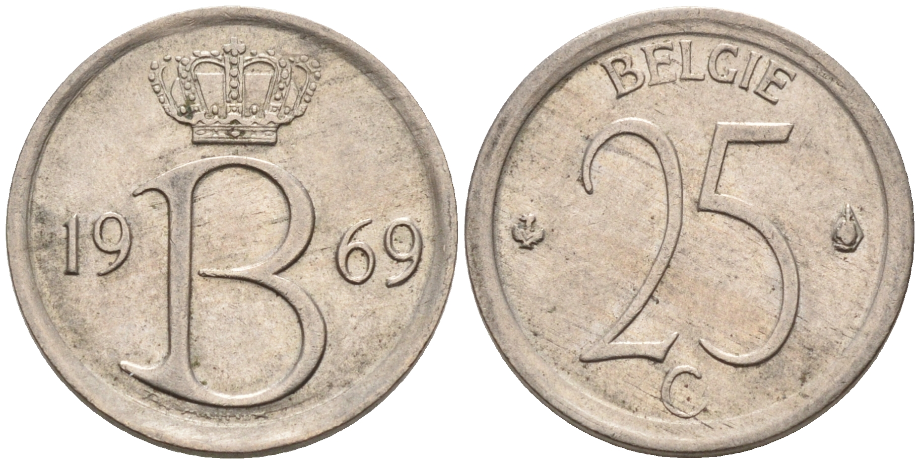 Бельгия 25 сантимов 1969 Belgie, Бодуэн I (1951-1993) KM 154.1 медно-никель 4564-139