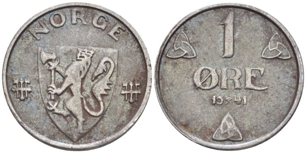 НОРВЕГИЯ 1 ЭРЕ 1941 ХОКОН VII (1905-1957), ВТОРАЯ МИРОВАЯ ВОЙНА, ВОЕННЫЙ ВЫПУСК KM 387 железо 116-1058