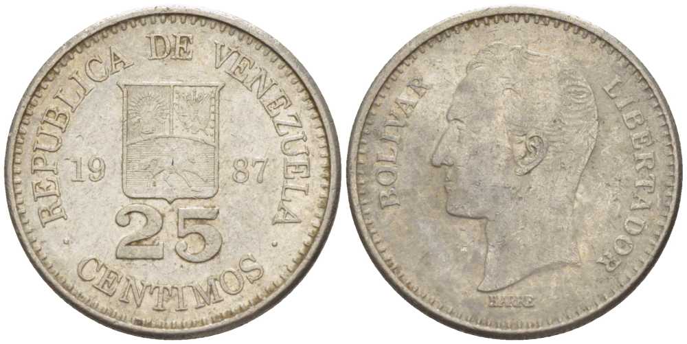 Венесуэла 25 сентимо 1987 Симон Боливар KM 50.2 никель 105-825